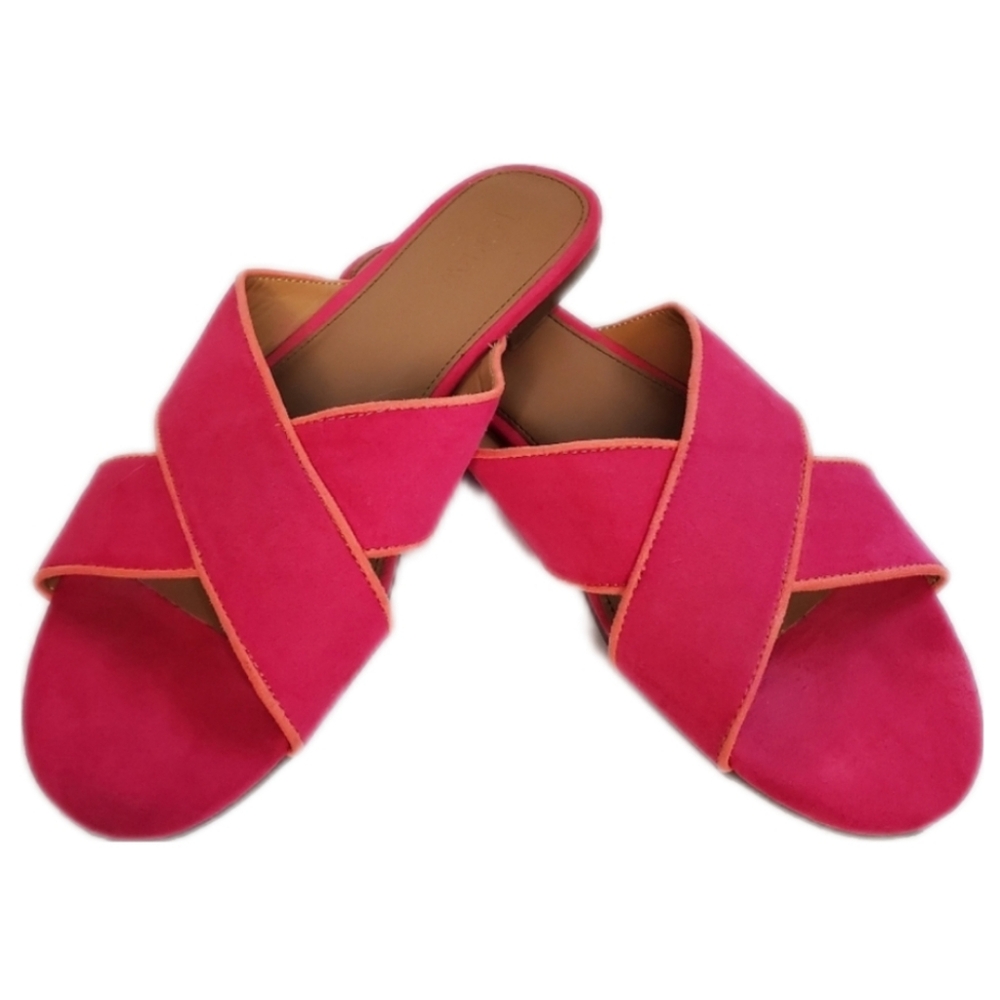 J Crew Factory Crisscross Slide Sandal Faux-Suede Pink w/ Orange Trim Size 8